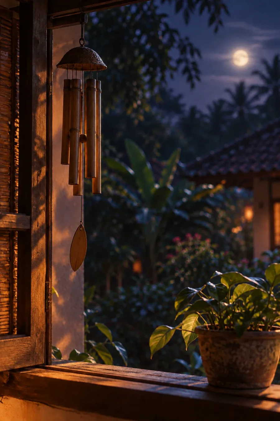 Lonceng angin bambu di malam bulan purnama